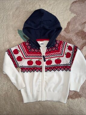 NEW Gymboree White Hoodie Sweater with Red Apple Pattern and Navy Hood, Unisex